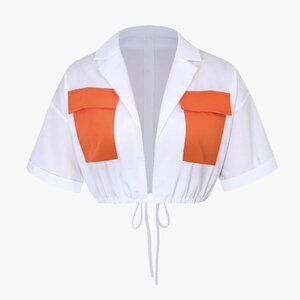 Drawstring Hem Crop Blouse white orange